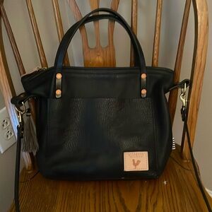 Meanwhile Back On The farm black small tote with 43 inch strap